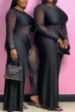 Black Casual Patchwork Hot Drilling See-through O Neck Plus Size Jumpsuits