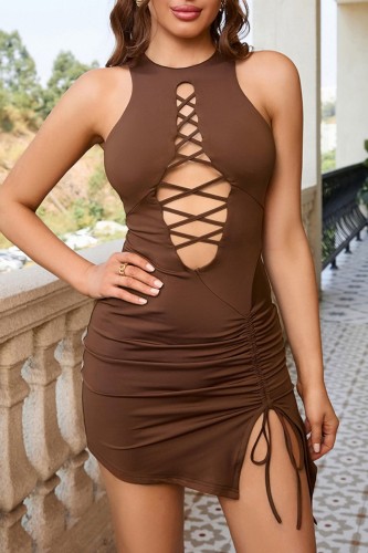 Brown Sexy Solid Hollowed Out Draw String Frenulum O Neck Sleeveless Dress