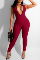 Burgundy Casual Solid Patchwork Zipper Collar Skinny Jumpsuits