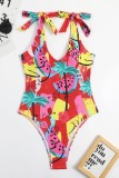 Red Sexy Print Backless Swimwears (With Paddings)