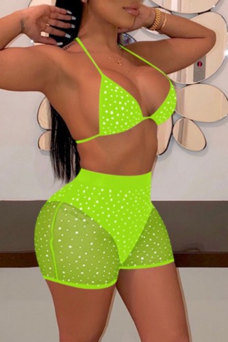 Fluorescent Green Sexy Patchwork Sequins See-through Backless Swimwears