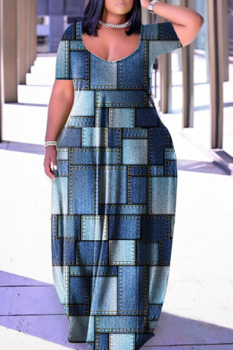 Blue Casual Print Basic V Neck Short Sleeve Dress Plus Size Dresses