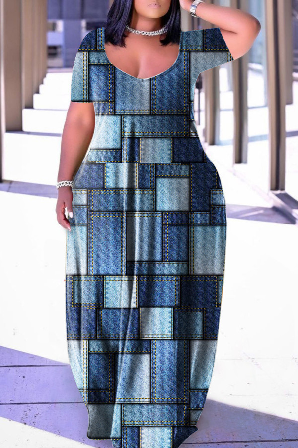 Синее повседневное базовое платье с V-образным вырезом и коротким рукавом с принтом Платья больших размеров