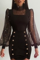 Zwarte sexy effen patchwork doorzichtige coltrui jurken met lange mouwen
