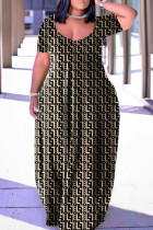 ブラック アプリコット カジュアル プリント ベーシック Vネック 半袖ドレス プラスサイズドレス
