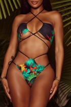 Black Sexy Print Bandage Hollowed Out Backless Swimwears (With Paddings)