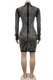 Red Sexy Patchwork Hot Drilling See-through Feathers O Neck Long Sleeve Dresses