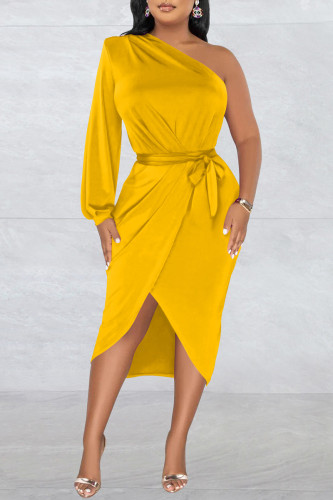 Yellow Casual Solid Patchwork Backless Oblique Collar Long Sleeve Dresses