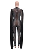 Apricot Sexy Patchwork Hot Drilling See-through O Neck Skinny Jumpsuits