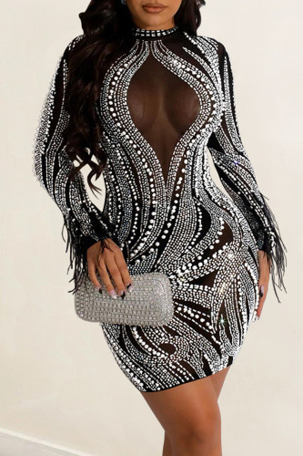 Black Sexy Patchwork Hot Drilling See-through Feathers O Neck Long Sleeve Dresses