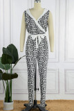 Zwart Wit Sexy Casual Print Patchwork V-hals Skinny Jumpsuits