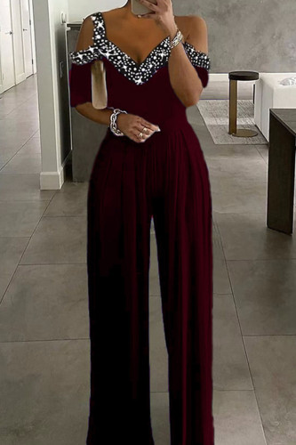 Burgundy Casual Patchwork Print Hollowed Out V Neck Regular Jumpsuits