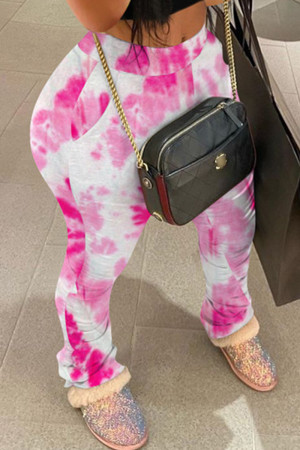 Pantaloni stampati convenzionali a vita alta con pieghe skinny stampa casual rosa