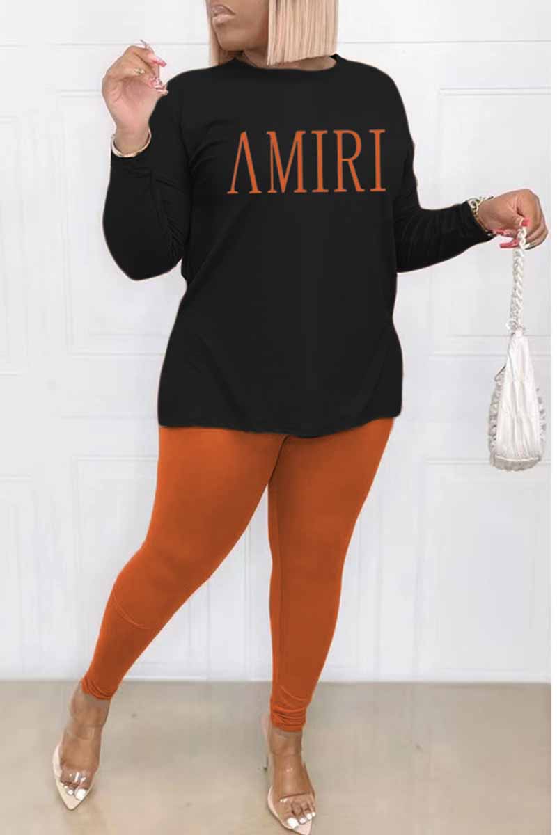 

Black Orange Casual Print Letter O Neck Long Sleeve Two Pieces