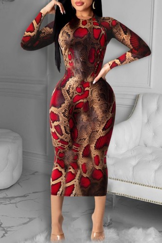 Red Casual Print Basic O Neck Long Sleeve Dresses