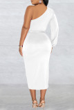 ホワイト カジュアル ソリッド パッチワーク バックレス オブリーク カラー ロング スリーブ ドレス