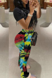 Green Casual Print Fold Skinny High Waist Conventional Full Print Trousers
