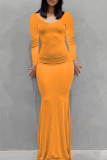 Orange Casual Solid Basic O-Ausschnitt Langarm-Kleider