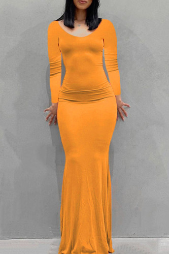 Оранжевые повседневные однотонные базовые платья с круглым вырезом и длинными рукавами