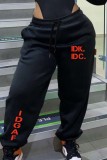 Pantalones estampados de letras casuales básicos regulares de cintura media con estampado de posicionamiento convencional negro