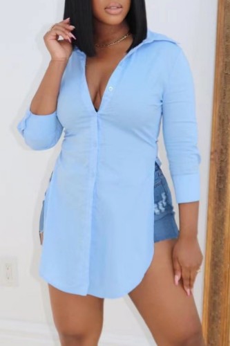 Blue Casual Solid Slit Shirt Collar Plus Size Tops