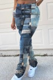 Pantaloni taglie forti patchwork blu con stampa casual