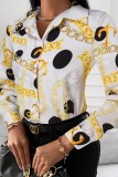 Tops de cuello de camisa de patchwork con estampado casual de oro negro