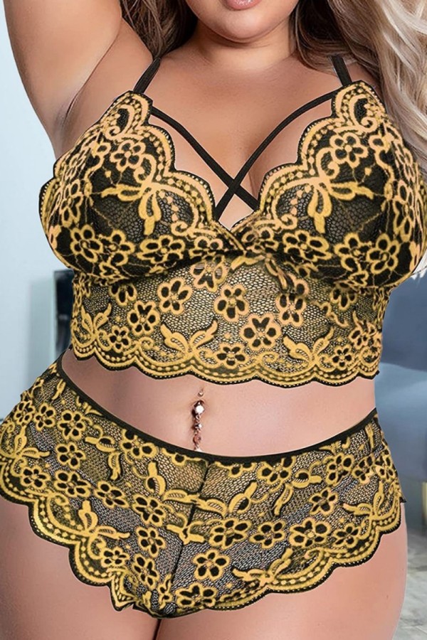 Gele sexy patchwork doorzichtige rugloze lingerie