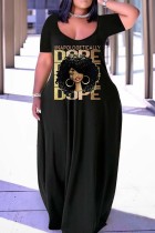 Черное золото Повседневное принт Базовое платье с V-образным вырезом и коротким рукавом Платья больших размеров