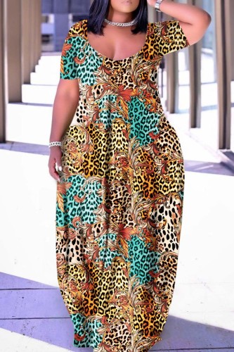 Leopard Print Casual Print Basic V Neck Short Sleeve Dress Plus Size Dresses