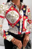 White Red Casual Print Patchwork Shirt Collar Tops
