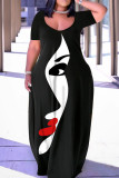Черное серое повседневное базовое платье с принтом и коротким рукавом с v-образным вырезом Платья больших размеров