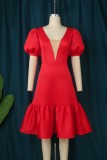 Red Casual Solid Patchwork See-through V Neck A Line Plus Size Dresses