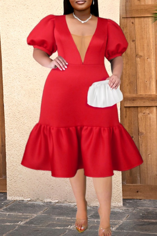Rotes, lässiges, festes, durchsichtiges Patchwork mit V-Ausschnitt, A-Linie, Plus-Size-Kleider