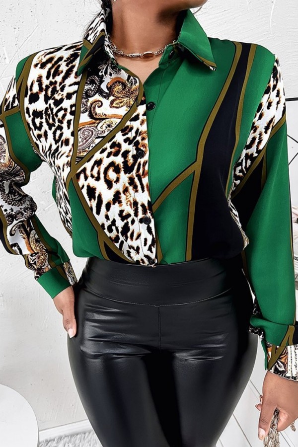 Top con colletto a camicia patchwork con stampa casual con stampa leopardata