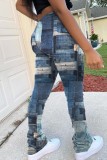 Pantaloni taglie forti patchwork blu con stampa casual