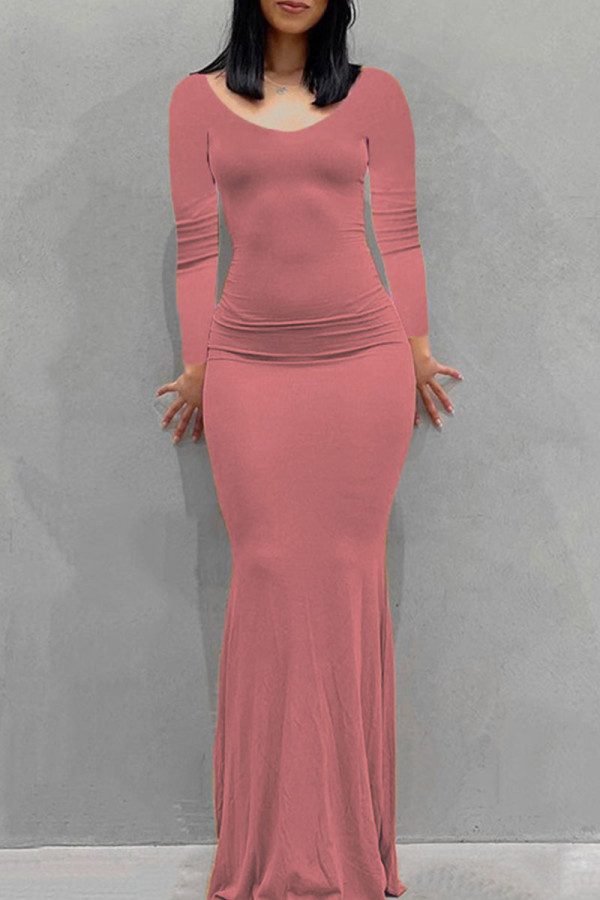 Roze casual effen basic jurken met ronde hals en lange mouwen