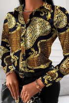 Tops de cuello de camisa de patchwork con estampado casual de oro negro