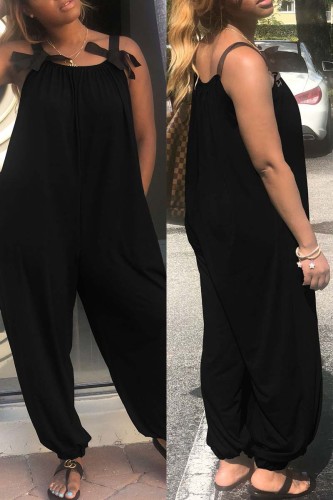 Black Casual Solid Patchwork Backless Spaghetti Strap Regular Jumpsuits