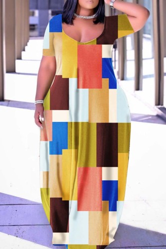 Earth Yellow Casual Print Basic V Neck Short Sleeve Dress Plus Size Dresses