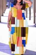 Earth Yellow Casual Print Basic V-Ausschnitt Kurzarmkleid Kleider in Übergröße