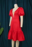 Rotes, lässiges, festes, durchsichtiges Patchwork mit V-Ausschnitt, A-Linie, Plus-Size-Kleider