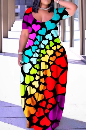 Colour Casual Print Basic V Neck Short Sleeve Dress Plus Size Dresses