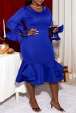 Azul sexy casual sólido oco com decote em v manga comprida vestidos plus size