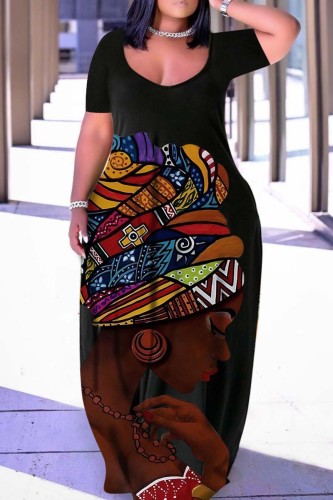 Black Brown Casual Print Basic V Neck Short Sleeve Dress Plus Size Dresses
