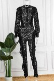 Macacões skinny preto fashion sexy adulto rendado transparente com decote em O