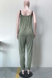 Army Green Casual Solid Patchwork Backless Spaghetti Strap Regular Jumpsuits