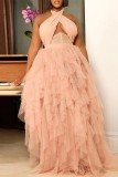 ピンク セクシー カジュアル ソリッド パッチワーク バックレス ホルター ノースリーブ ドレス プラスサイズ ドレス