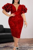 赤いセクシーなフォーマル パッチワーク スパンコール V ネック ワン ステップ スカート プラス サイズのドレス