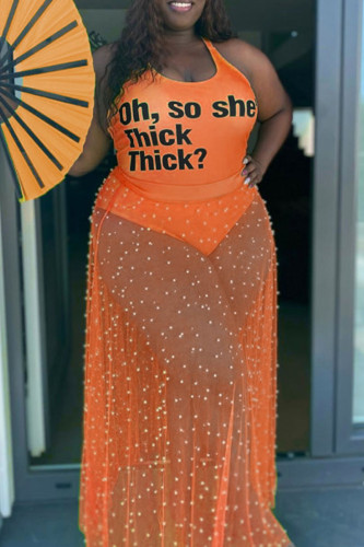 Orange Sexy Casual Letter Print See-through Beading U Neck Plus Size Swimwear